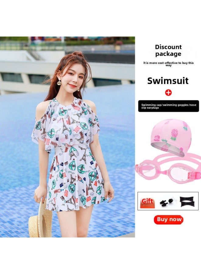 Parent-child Swimsuit Mother And Daughter Conservative One-piece Dress Super Fairy Swimsuit Slimming Meat Covering Small Medium And Large Girls Swimsuit-Color:Adult Beige + Swimming Goggles Four-pie - Image 1